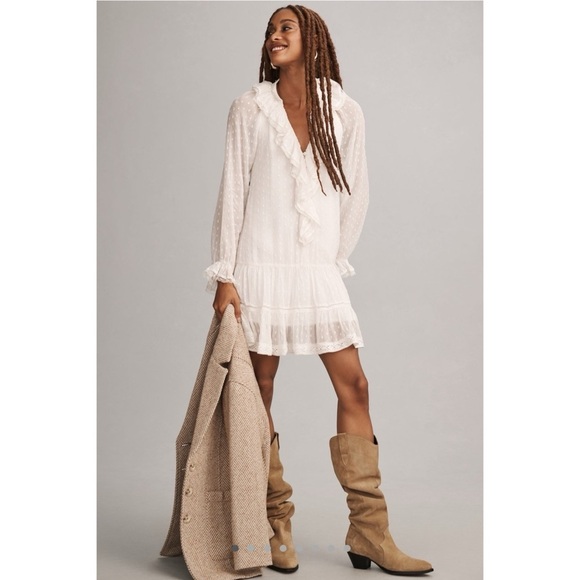 ANTHROPOLOGIE Long Sleeve V-Neck Ruffled Tunic Dress White Size XS NWT - Picture 8 of 10